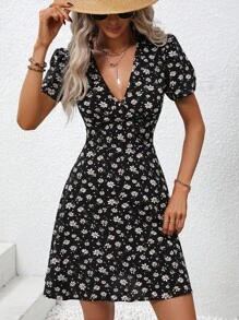 Breezaya 碎花V領連衣裙 - 黑色 - 查看 3