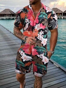 Manfinity RSRT Men Floral Print Shirt & Drawstring Waist Shorts Without Tee, Beach Vacation Clolorful Set - Multicolor - View 1