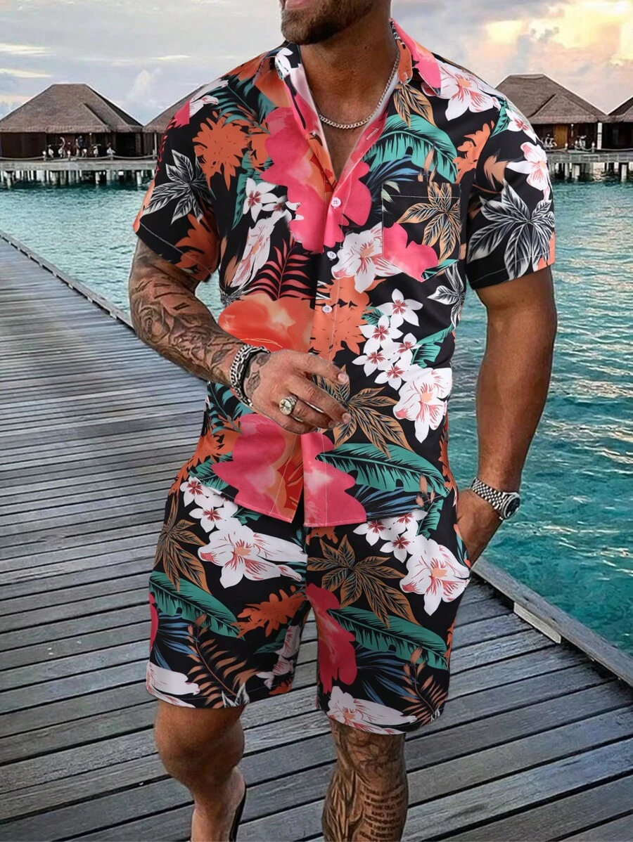 Manfinity RSRT Men Floral Print Shirt & Drawstring Waist Shorts Without Tee, Beach Vacation Clolorful Set - Multicolor - View 1