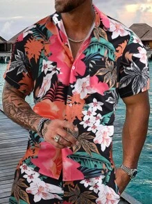 Manfinity RSRT Men Tropical Print Patched Pocket Shirt Without Tee , Short Sleeve Button Up Graphic Floral Colorful Beach Shirt , Dad And Me - Multicolor - View 1