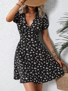 Breezaya 碎花V領連衣裙 - 黑色 - 查看 4