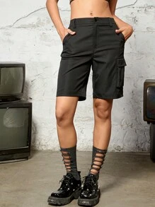 Street Solid Flap Pocket Side Cargo Shorts - màu đen - Xem 1