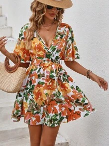 SHEIN VCAY In hoa áo tay bướm Váy có thắt lưng - Nhiều màu - Xem 1