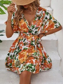 SHEIN VCAY In hoa áo tay bướm Váy có thắt lưng - Nhiều màu - Xem 3