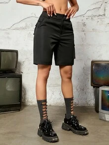 Street Solid Flap Pocket Side Cargo Shorts - màu đen - Xem 4