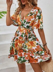 SHEIN VCAY In hoa áo tay bướm Váy có thắt lưng - Nhiều màu - Xem 4