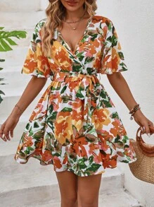 SHEIN VCAY In hoa áo tay bướm Váy có thắt lưng - Nhiều màu - Xem 5