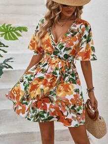 SHEIN VCAY In hoa áo tay bướm Váy có thắt lưng - Nhiều màu - Xem 6