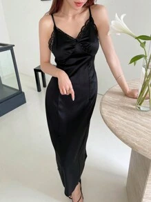 Dazy Designer Đầm Tương phản ren màu trơn Thanh lịch - màu đen - Xem 1