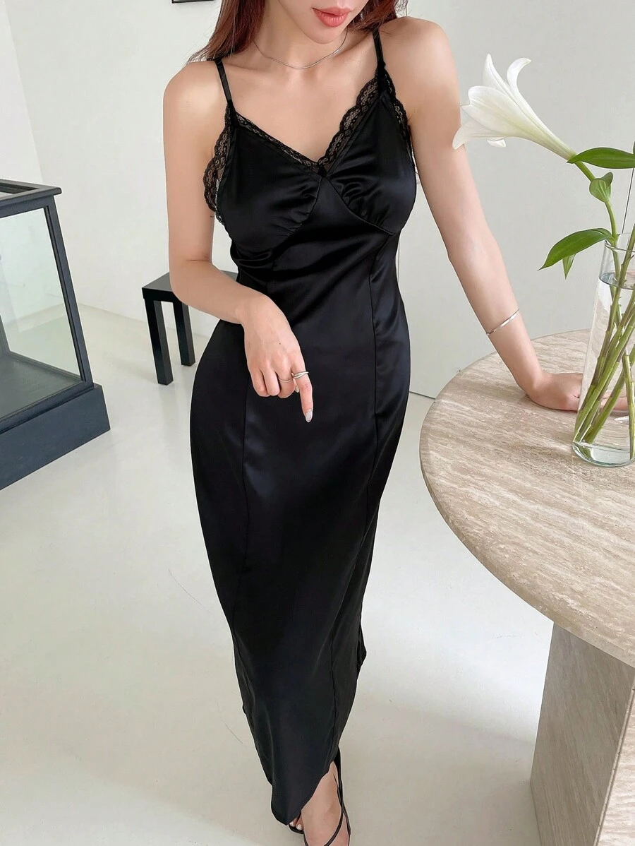 Dazy Designer Đầm Tương phản ren màu trơn Thanh lịch - màu đen - Xem 1