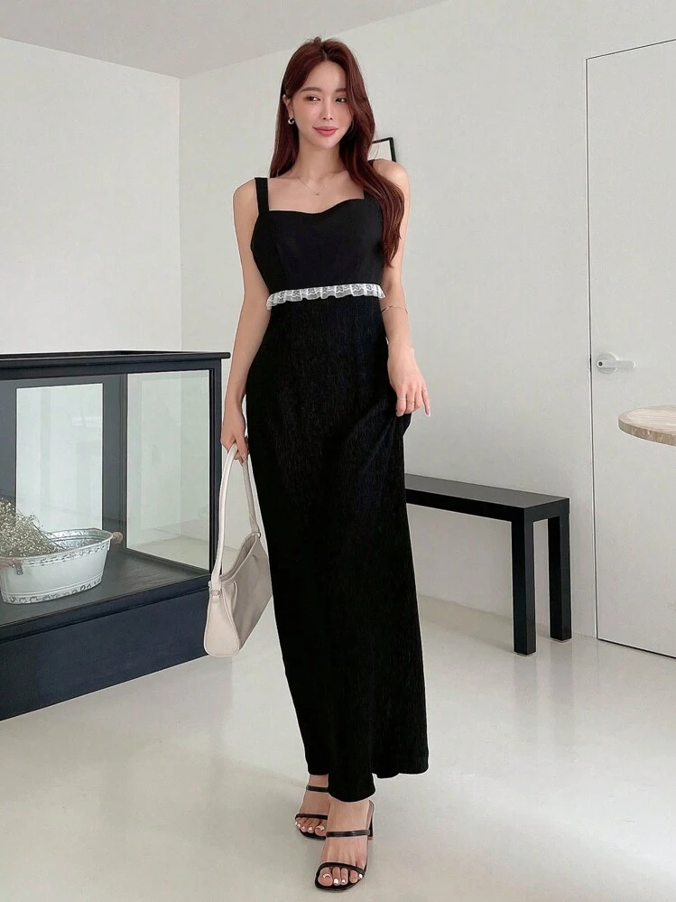 Dazy Designer Đầm Tương phản ren Chia Khối Màu Thanh lịch - màu đen - Xem 1