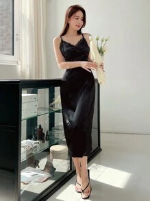 Dazy Designer Đầm Tương phản ren màu trơn Thanh lịch - màu đen - Xem 3