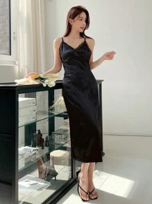 Dazy Designer Đầm Tương phản ren màu trơn Thanh lịch - màu đen - Xem 4