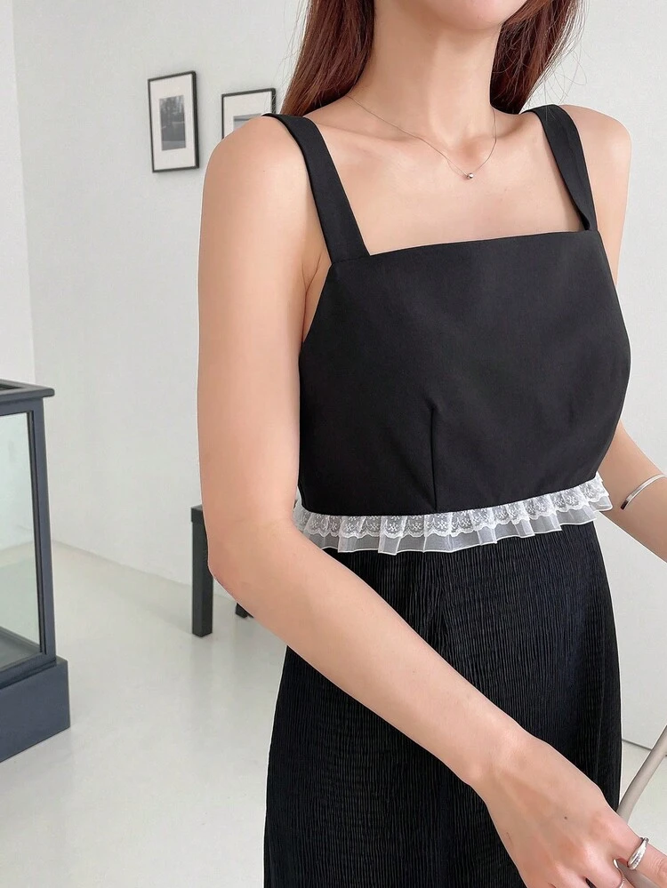 Dazy Designer Đầm Tương phản ren Chia Khối Màu Thanh lịch - màu đen - Xem 3