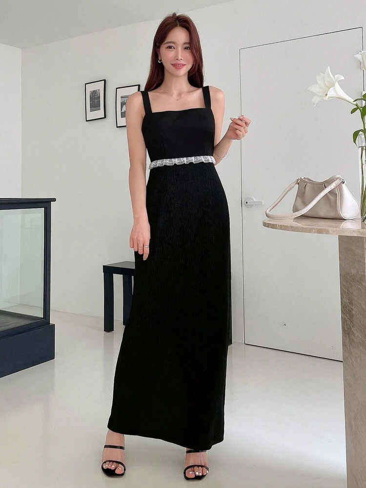 Dazy Designer Đầm Tương phản ren Chia Khối Màu Thanh lịch - màu đen - Xem 4