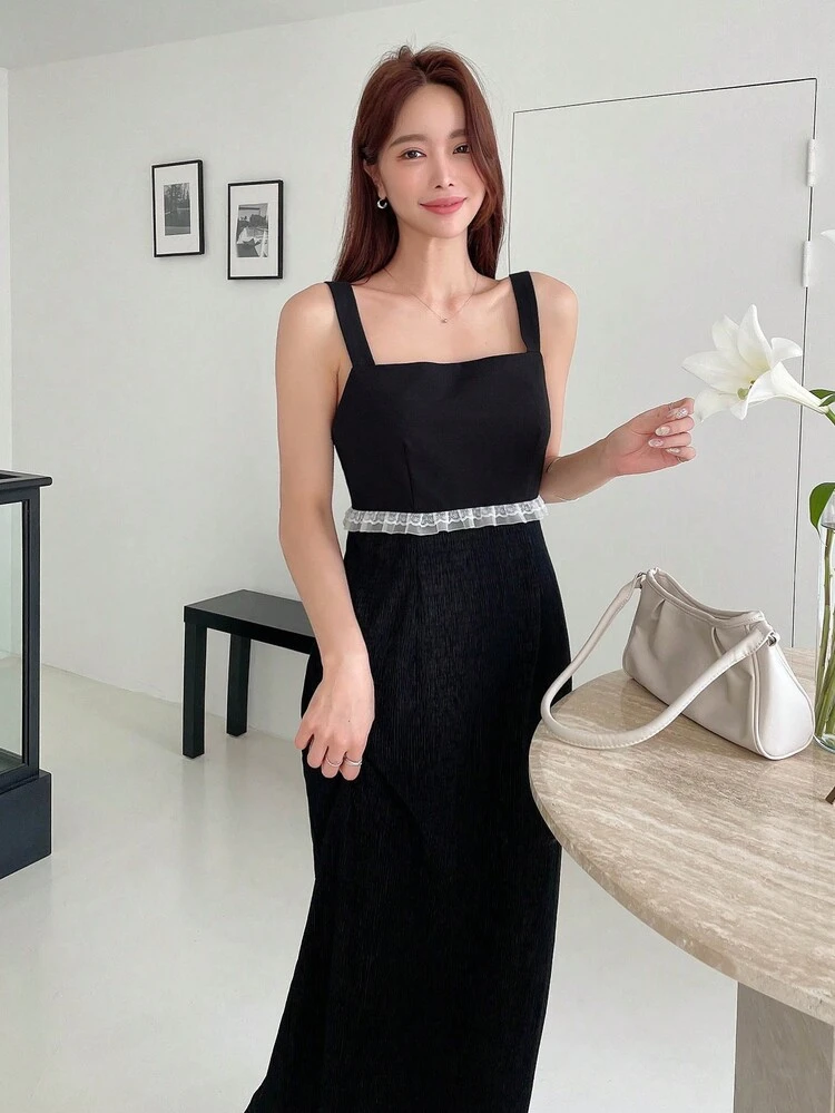 Dazy Designer Đầm Tương phản ren Chia Khối Màu Thanh lịch - màu đen - Xem 5