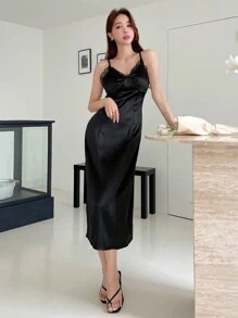 Dazy Designer Đầm Tương phản ren màu trơn Thanh lịch - màu đen - Xem 6