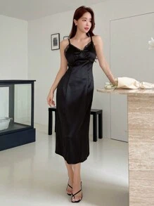 Dazy Designer Đầm Tương phản ren màu trơn Thanh lịch - màu đen - Xem 8