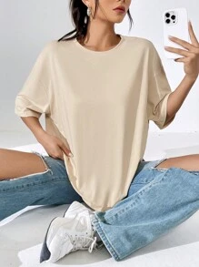 SHEIN EZwear Áo thun nữ Hoạt hình Lá thư Giải trí - Màu be - Xem 2