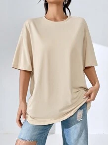 SHEIN EZwear Áo thun nữ Hoạt hình Lá thư Giải trí - Màu be - Xem 5