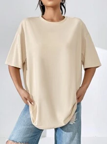 SHEIN EZwear Áo thun nữ Hoạt hình Lá thư Giải trí - Màu be - Xem 6