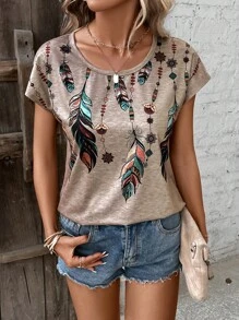 SHEIN LUNE Feather Print Batwing Sleeve Tee