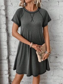 SHEIN LUNE 頂針插肩袖T恤洋裝 - 深灰色 - 查看 6