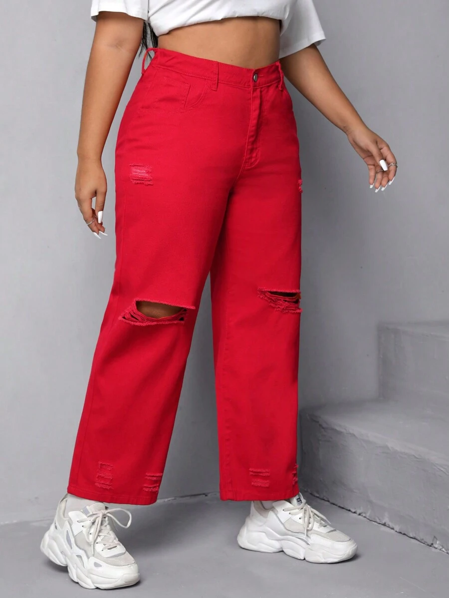 SHEIN EZwear 大碼破洞闊腿牛仔褲 - 紅色 - 查看 1