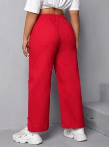 SHEIN EZwear 大碼破洞闊腿牛仔褲 - 紅色 - 查看 2