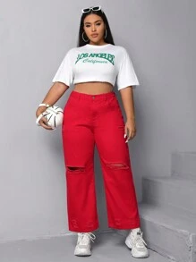 SHEIN EZwear 大碼破洞闊腿牛仔褲 - 紅色 - 查看 3