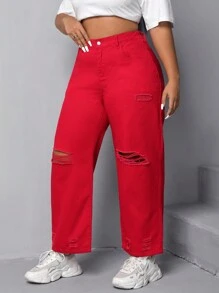 SHEIN EZwear 大碼破洞闊腿牛仔褲 - 紅色 - 查看 4