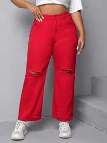 SHEIN EZwear 大碼破洞闊腿牛仔褲 - 紅色 - 查看 5