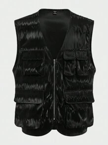 Manfinity VCAY Loose Fit Men's Flap Pocket Zip Up Vest Jacket, For Fall Winter - Black - View 2