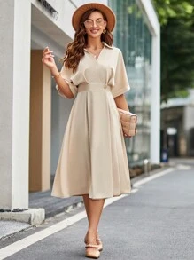 SHEIN Privé Solid Batwing Sleeve A-line Dress - Khaki - View 1