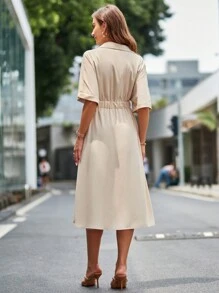 SHEIN Privé Solid Batwing Sleeve A-line Dress - Khaki - View 2