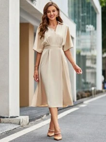 SHEIN Privé Solid Batwing Sleeve A-line Dress - Khaki - View 3