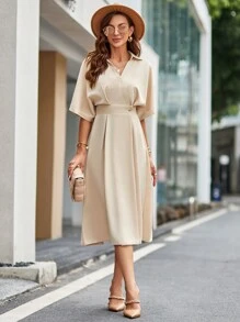 SHEIN Privé Solid Batwing Sleeve A-line Dress - Khaki - View 4