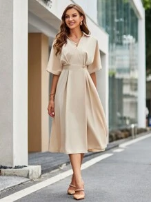 SHEIN Privé Solid Batwing Sleeve A-line Dress - Khaki - View 5