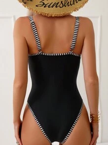 SHEIN Swim 撞色滾邊聚攏連身泳裝 - 黑與白 - 查看 2