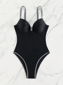 SHEIN Swim 撞色滾邊聚攏連身泳裝 - 黑與白 - 查看 3