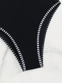 SHEIN Swim 撞色滾邊聚攏連身泳裝 - 黑與白 - 查看 4