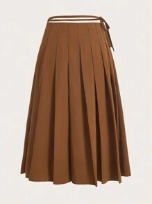 SHEINNeu Solid Pleated Knot Side Skirt - Brown - View 2