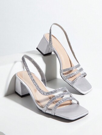 女士亮片裝飾粗跟露跟涼鞋,魅力四射涼鞋