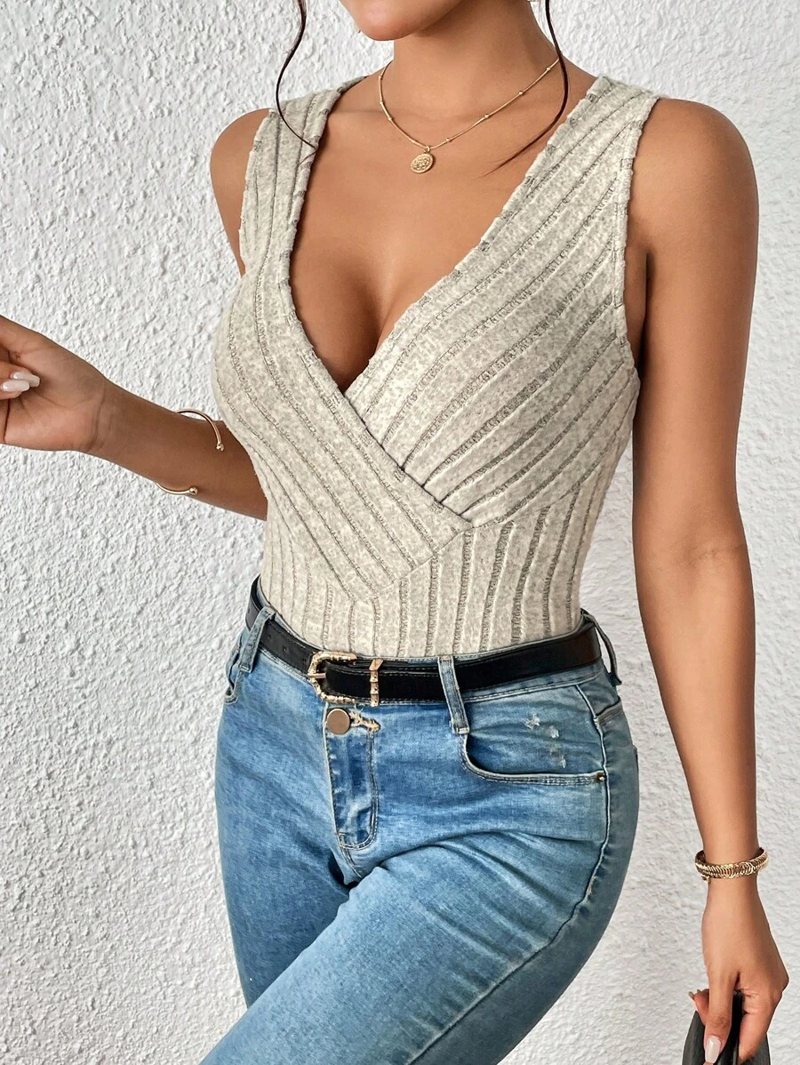 SHEIN Essnce Women Sleeveless Low V-Neck Criss-Cross Back Tank Top - Khaki - View 1