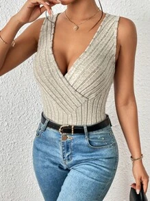 SHEIN Essnce Women Sleeveless Low V-Neck Criss-Cross Back Tank Top - Khaki - View 4