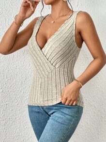 SHEIN Essnce Women Sleeveless Low V-Neck Criss-Cross Back Tank Top - Khaki - View 5