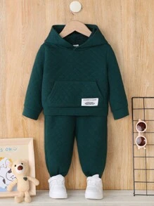 SHEIN 男嬰字母貼布袋鼠口袋連帽衫和運動褲 - 墨綠色 - 查看 1