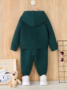 SHEIN 男嬰字母貼布袋鼠口袋連帽衫和運動褲 - 墨綠色 - 查看 2