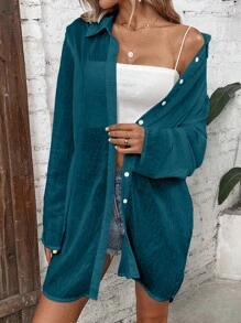 SHEIN LUNE Solid Button Front Shirt - Navy Blue - View 1