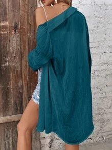 SHEIN LUNE Solid Button Front Shirt - Navy Blue - View 2